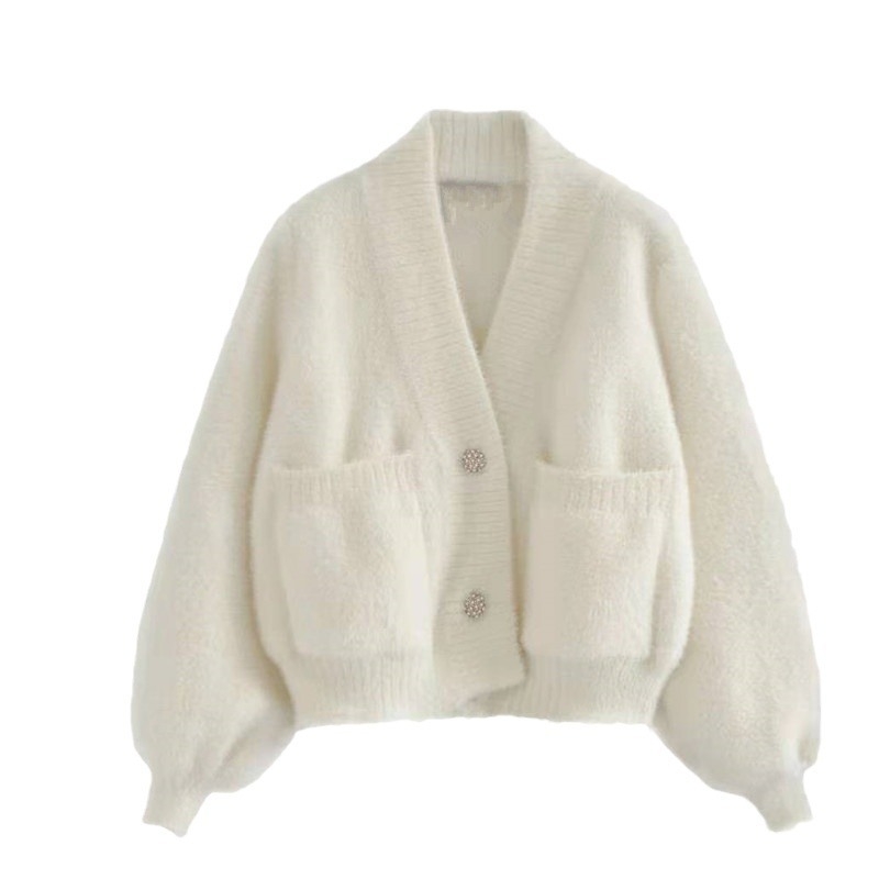 Ženski pleteni kardigan od umjetnog mink velura, jednobojan, poliester-spandeks pletenina, V-izrez, dugi rukavi, kopčanje sprijeda, opuštena silueta, srednja duljina