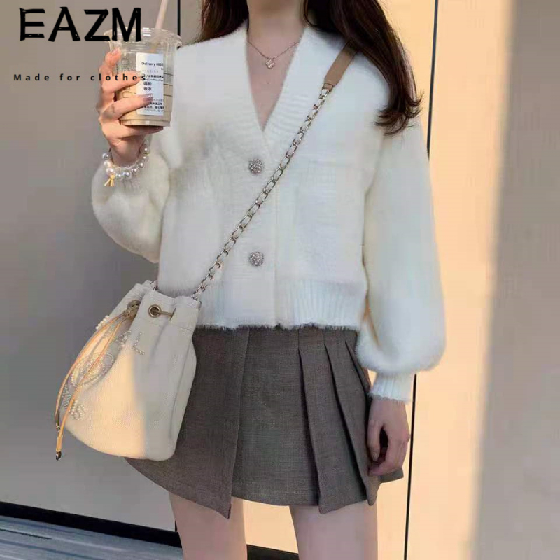 Ženski pleteni kardigan od umjetnog mink velura, jednobojan, poliester-spandeks pletenina, V-izrez, dugi rukavi, kopčanje sprijeda, opuštena silueta, srednja duljina