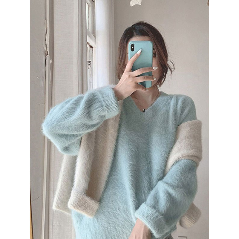 Mink Knit džemper s Ice Silk materijalom, polo ovratnik, široki kroj, princeske rukave