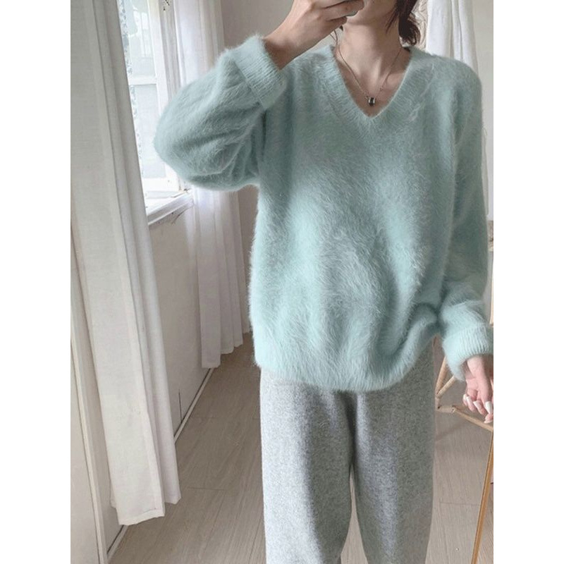 Mink Knit džemper s Ice Silk materijalom, polo ovratnik, široki kroj, princeske rukave