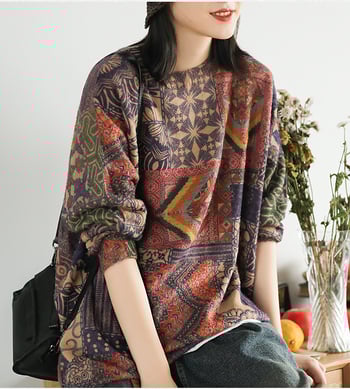 Puls s etno-retro stilom, dugi rukavi, okrugli izrez, s imitacijom velura i geometrijskim printom (Dugi rukavi; Okrugli izrez; Velur imitacija; Geometrijski print)