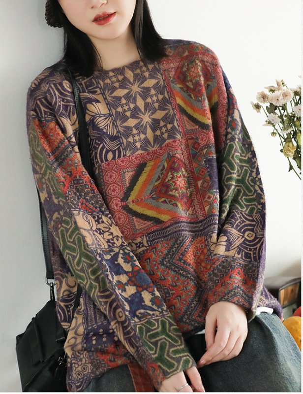 Puls s etno-retro stilom, dugi rukavi, okrugli izrez, s imitacijom velura i geometrijskim printom (Dugi rukavi; Okrugli izrez; Velur imitacija; Geometrijski print)