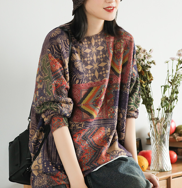 Puls s etno-retro stilom, dugi rukavi, okrugli izrez, s imitacijom velura i geometrijskim printom (Dugi rukavi; Okrugli izrez; Velur imitacija; Geometrijski print)