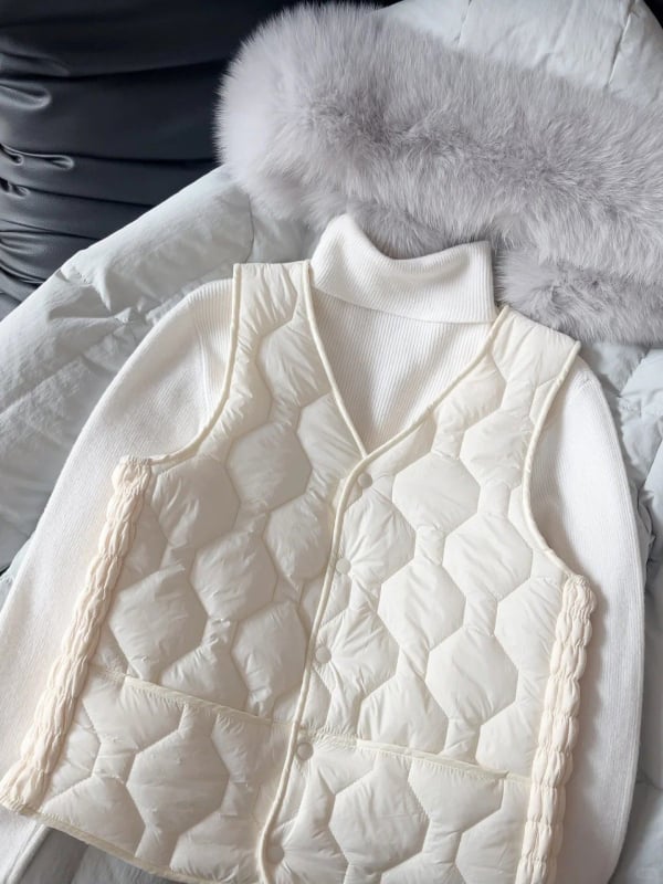 Дамска жилетка с подплата от флис, вълно-смесен материал, V-образно деколте, стандартна дължина, пълнеж от полиестер