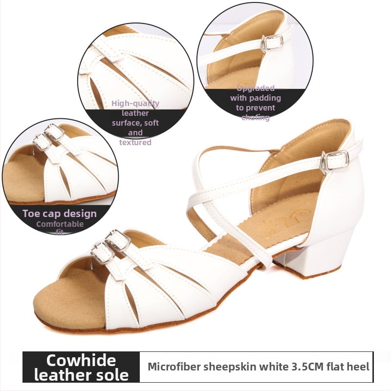 Betty детски латин танцови обувки – Мека подметка, нисък ток, дъно с козина от телешка кожа, обувки за момичета