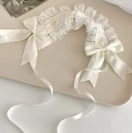 Bandă pentru păr cu funda dantelată, material textil, stil franțuzesc retro de curte, vara 2024