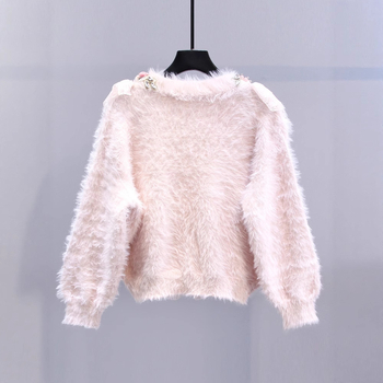 Ženski kardigan s cvjetnim perlama i rhinestones na mink baršunu, V-izrez, dugi rukavi, debeli pleteni