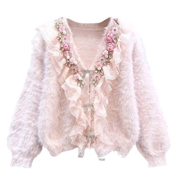 Ženski kardigan s cvjetnim perlama i rhinestones na mink baršunu, V-izrez, dugi rukavi, debeli pleteni