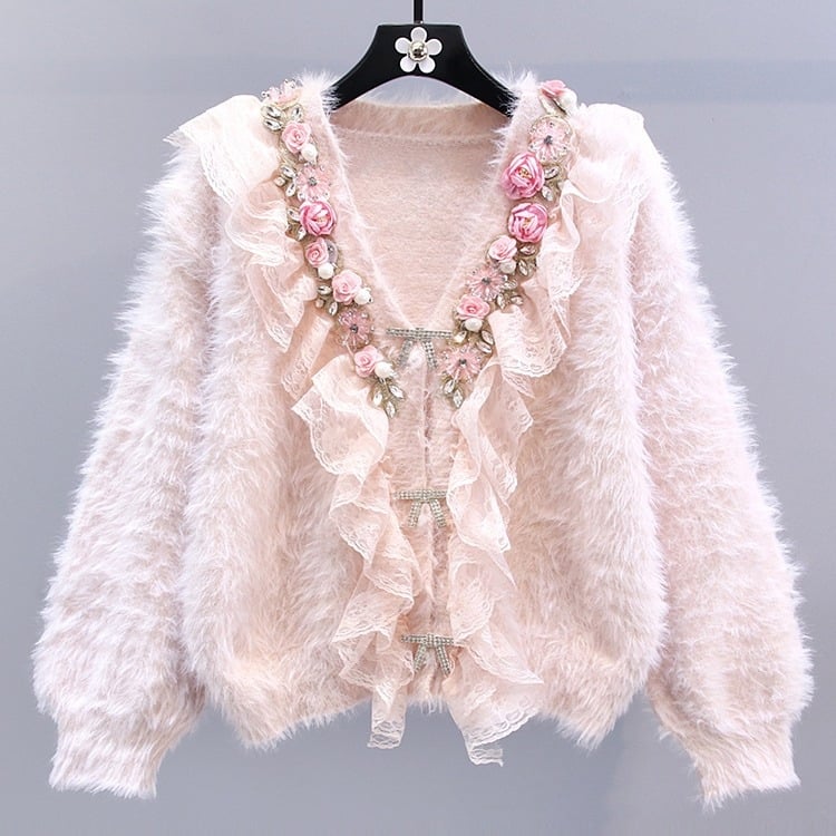 Ženski kardigan s cvjetnim perlama i rhinestones na mink baršunu, V-izrez, dugi rukavi, debeli pleteni