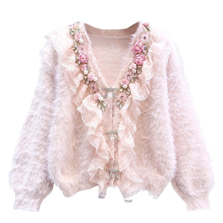 Ženski kardigan s cvjetnim perlama i rhinestones na mink baršunu, V-izrez, dugi rukavi, debeli pleteni