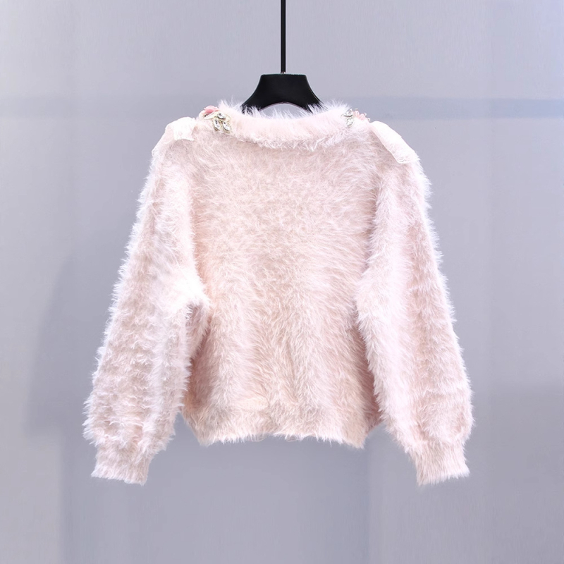 Ženski kardigan s cvjetnim perlama i rhinestones na mink baršunu, V-izrez, dugi rukavi, debeli pleteni