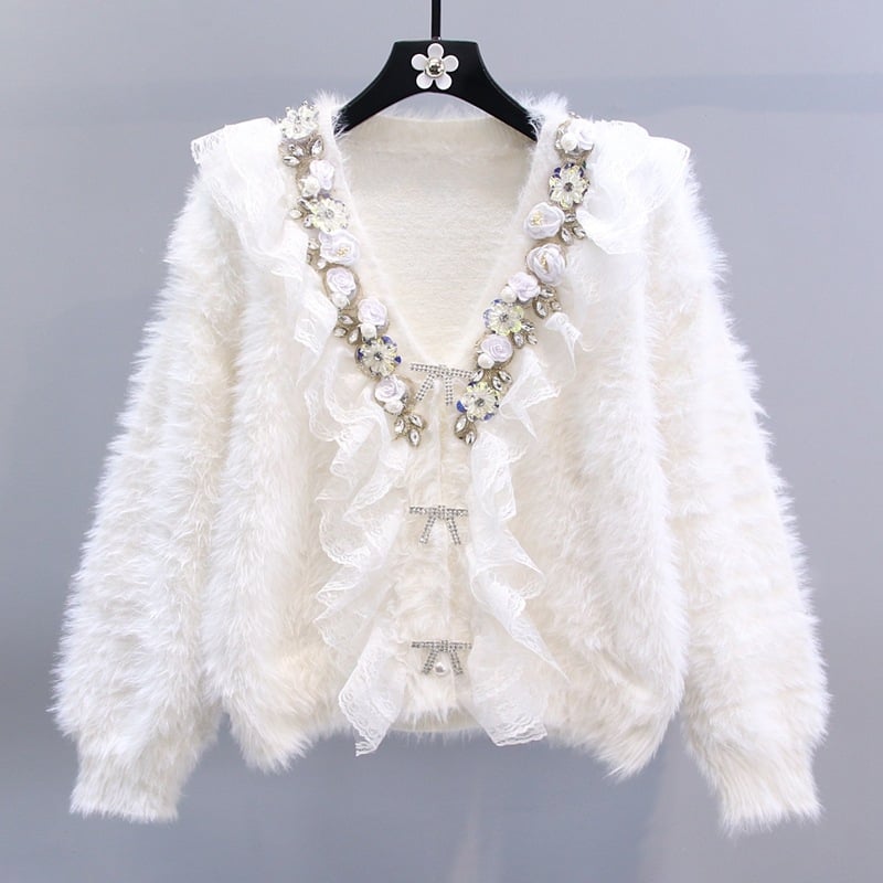 Ženski kardigan s cvjetnim perlama i rhinestones na mink baršunu, V-izrez, dugi rukavi, debeli pleteni