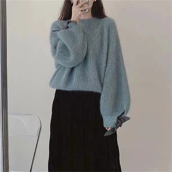 Hooded pulover u japansko-korejskom opuštenom stilu, gradientni pleteni materijal, poliester 70–80% i akril 20–30%, slobodan kroj, dugi rukavi
