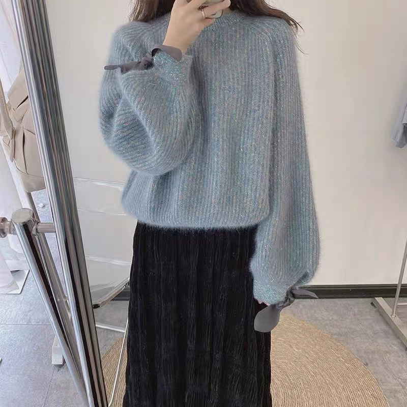 Hooded pulover u japansko-korejskom opuštenom stilu, gradientni pleteni materijal, poliester 70–80% i akril 20–30%, slobodan kroj, dugi rukavi