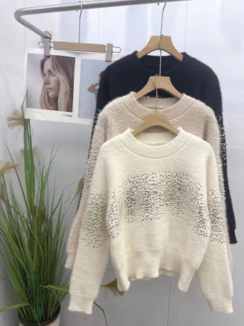 Mink Velvet kötött pulóver - rövid fazon, vastag, kerek nyakú, társasági stílus, poliészter/akril keverék