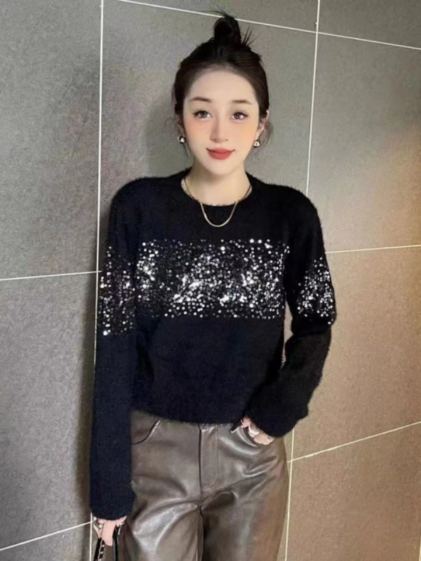 Mink Velvet kötött pulóver - rövid fazon, vastag, kerek nyakú, társasági stílus, poliészter/akril keverék