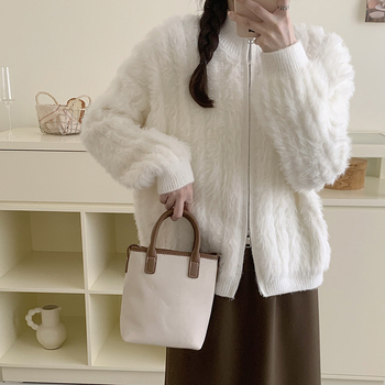 Cardigan od norke krzna i akrila, debeli pleteni džemper, s zatvaračem, gradski stil, za žene