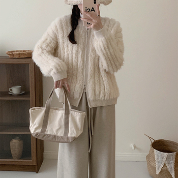 Cardigan od norke krzna i akrila, debeli pleteni džemper, s zatvaračem, gradski stil, za žene