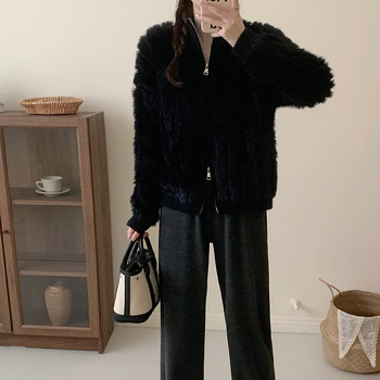 Cardigan od norke krzna i akrila, debeli pleteni džemper, s zatvaračem, gradski stil, za žene