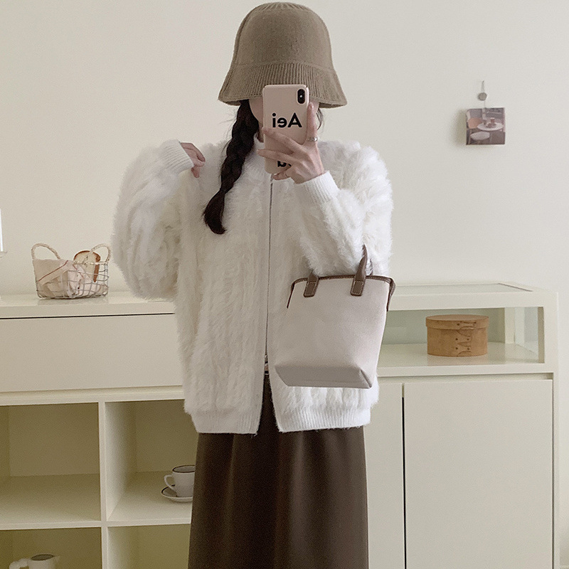 Cardigan od norke krzna i akrila, debeli pleteni džemper, s zatvaračem, gradski stil, za žene
