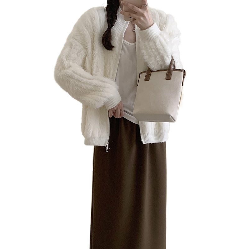 Cardigan od norke krzna i akrila, debeli pleteni džemper, s zatvaračem, gradski stil, za žene