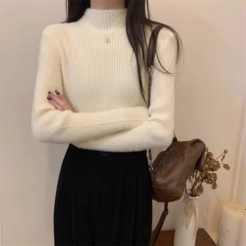 Ženski akrilni džemper s polu-visokim ovratnikom, uski kroj, dugi rukavi, jednofarban