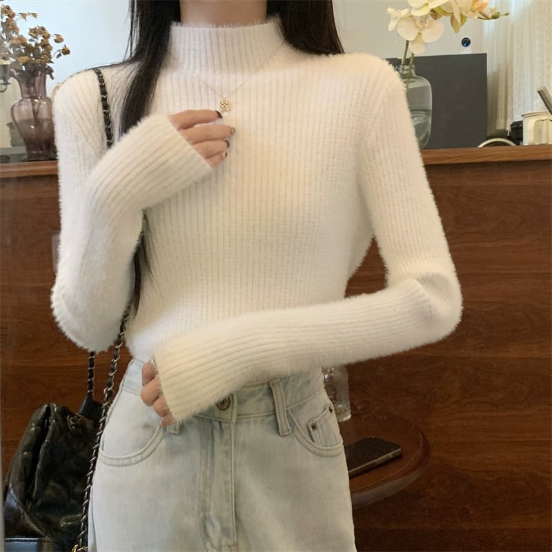 Ženski akrilni džemper s polu-visokim ovratnikom, uski kroj, dugi rukavi, jednofarban