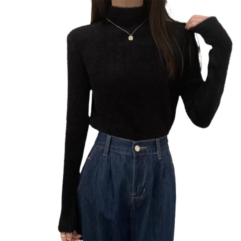 Ženski akrilni džemper s polu-visokim ovratnikom, uski kroj, dugi rukavi, jednofarban