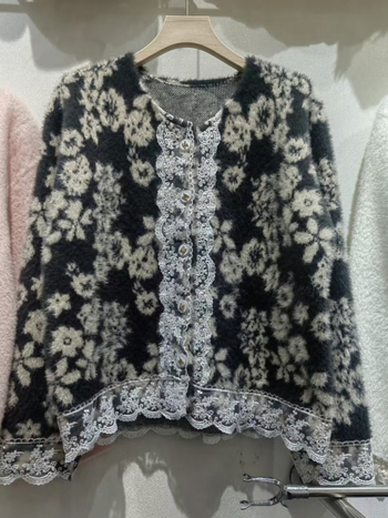 Cardigan tricotat în stil cardigan, imprimeu floral, guler rotund, mâneci lungi, poliester cu blană artificială imitând nurca de apă