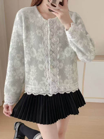 Cardigan tricotat în stil cardigan, imprimeu floral, guler rotund, mâneci lungi, poliester cu blană artificială imitând nurca de apă