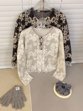 Cardigan tricotat în stil cardigan, imprimeu floral, guler rotund, mâneci lungi, poliester cu blană artificială imitând nurca de apă
