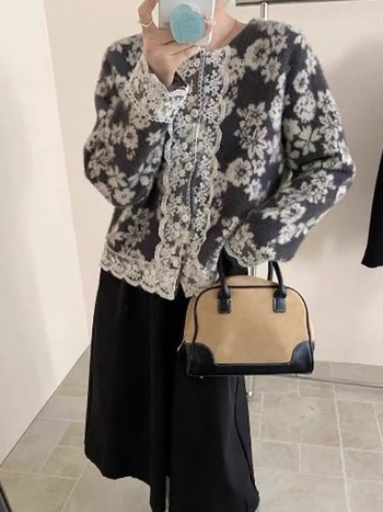 Cardigan tricotat în stil cardigan, imprimeu floral, guler rotund, mâneci lungi, poliester cu blană artificială imitând nurca de apă