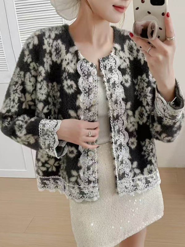 Cardigan tricotat în stil cardigan, imprimeu floral, guler rotund, mâneci lungi, poliester cu blană artificială imitând nurca de apă