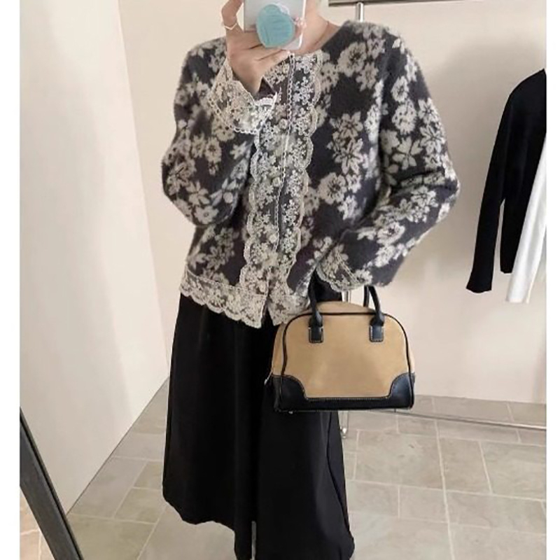 Cardigan tricotat în stil cardigan, imprimeu floral, guler rotund, mâneci lungi, poliester cu blană artificială imitând nurca de apă