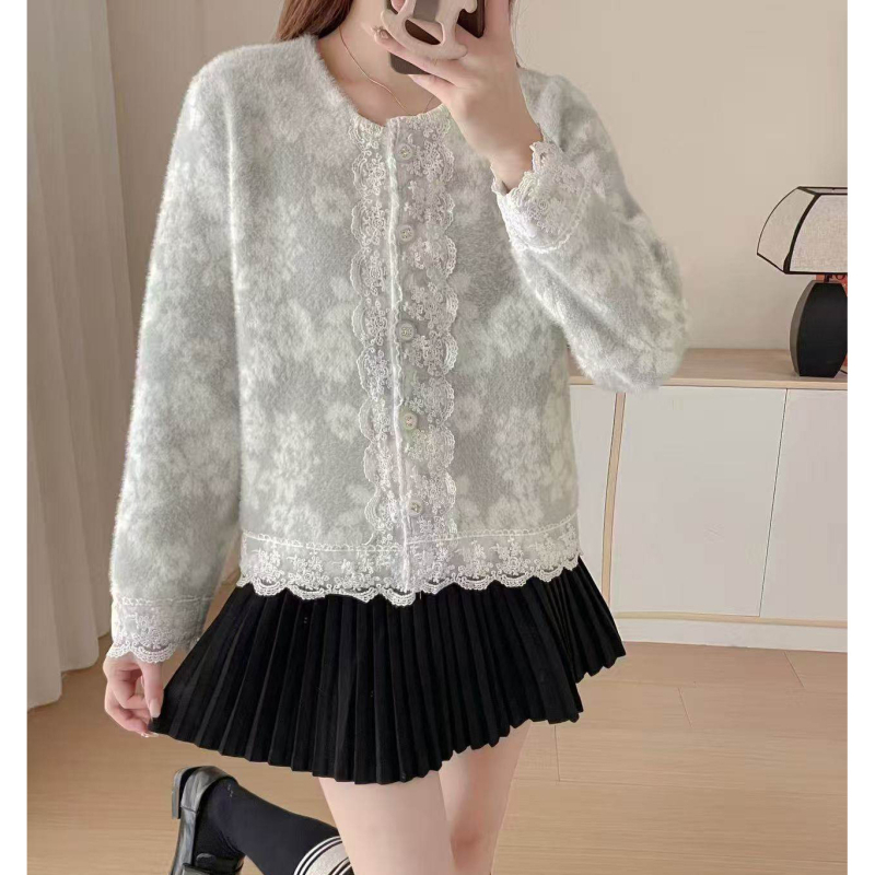 Cardigan tricotat în stil cardigan, imprimeu floral, guler rotund, mâneci lungi, poliester cu blană artificială imitând nurca de apă
