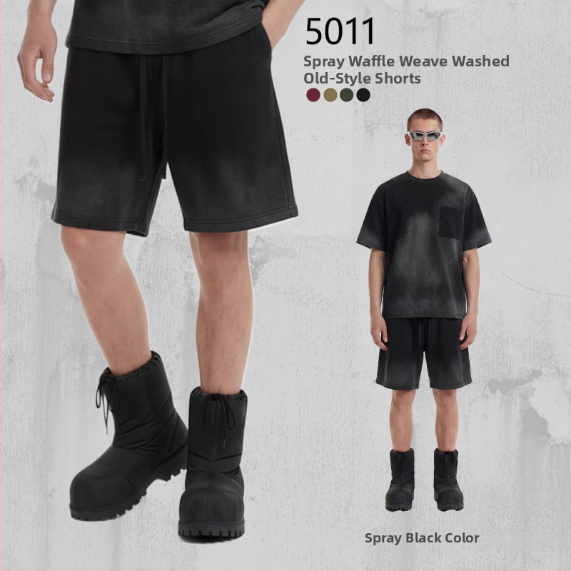 Artie Unisex šorc od pamuka s waffle tkaninom, 325 g, sprej-farbanje, opran, distresiran izgled, izrđeni rubovi
