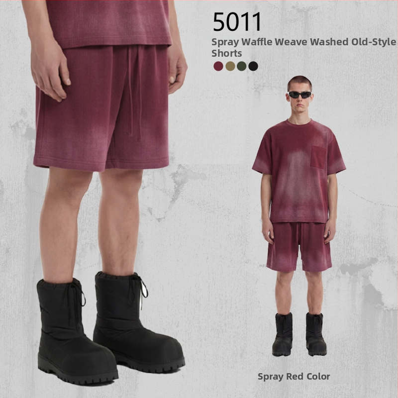 Artie Unisex šorc od pamuka s waffle tkaninom, 325 g, sprej-farbanje, opran, distresiran izgled, izrđeni rubovi