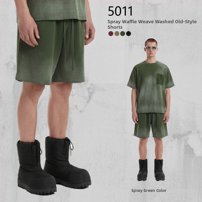 Artie Unisex šorc od pamuka s waffle tkaninom, 325 g, sprej-farbanje, opran, distresiran izgled, izrđeni rubovi