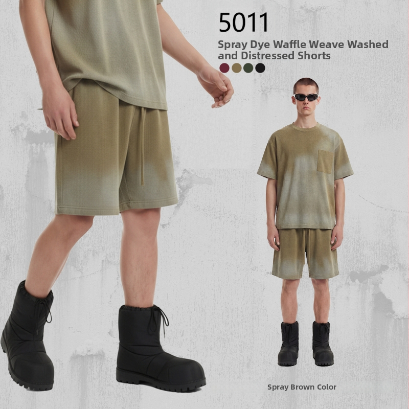 Artie Unisex šorc od pamuka s waffle tkaninom, 325 g, sprej-farbanje, opran, distresiran izgled, izrđeni rubovi