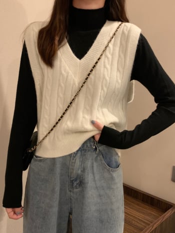 Женска жилетка с V-образно деколте, къса кройка, геометричен модел, корейски стил, есенно-зимна