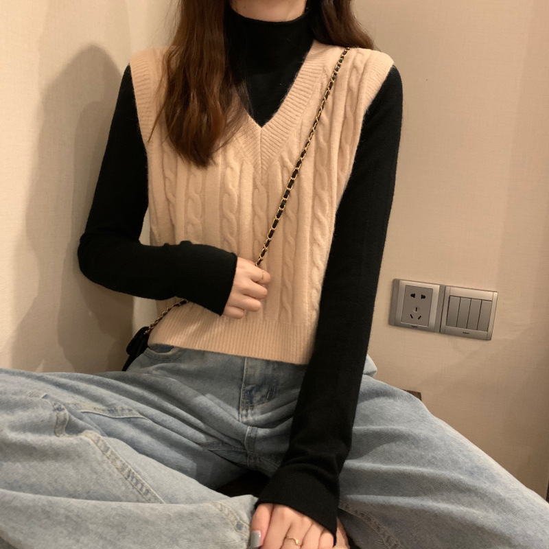 Женска жилетка с V-образно деколте, къса кройка, геометричен модел, корейски стил, есенно-зимна