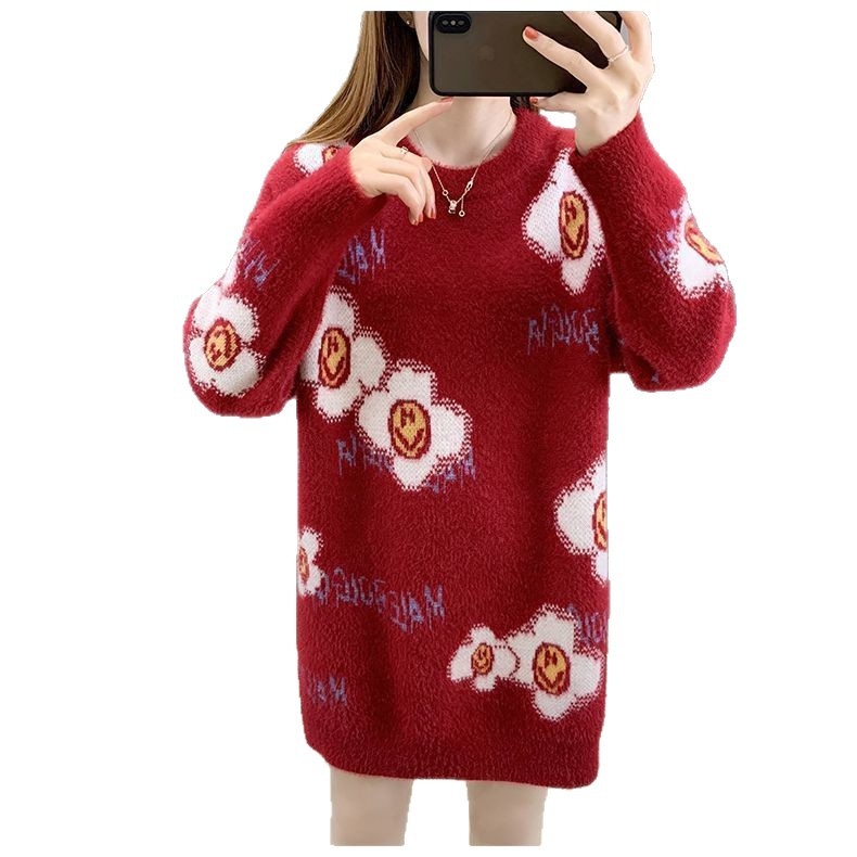 Imitacijski Mink velvet pleteni haljina-sviter, cvjetni uzorak, debeli pleteni materijal, okrugli ovratnik, srednja duljina