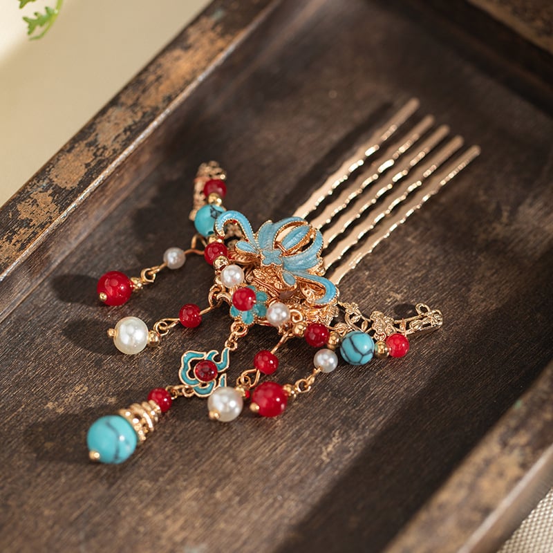 Pieptene de păr cu ciucuri în stil Tang, accesorii de păr retro, formă de picătură, materiale mixte, Su eighteen