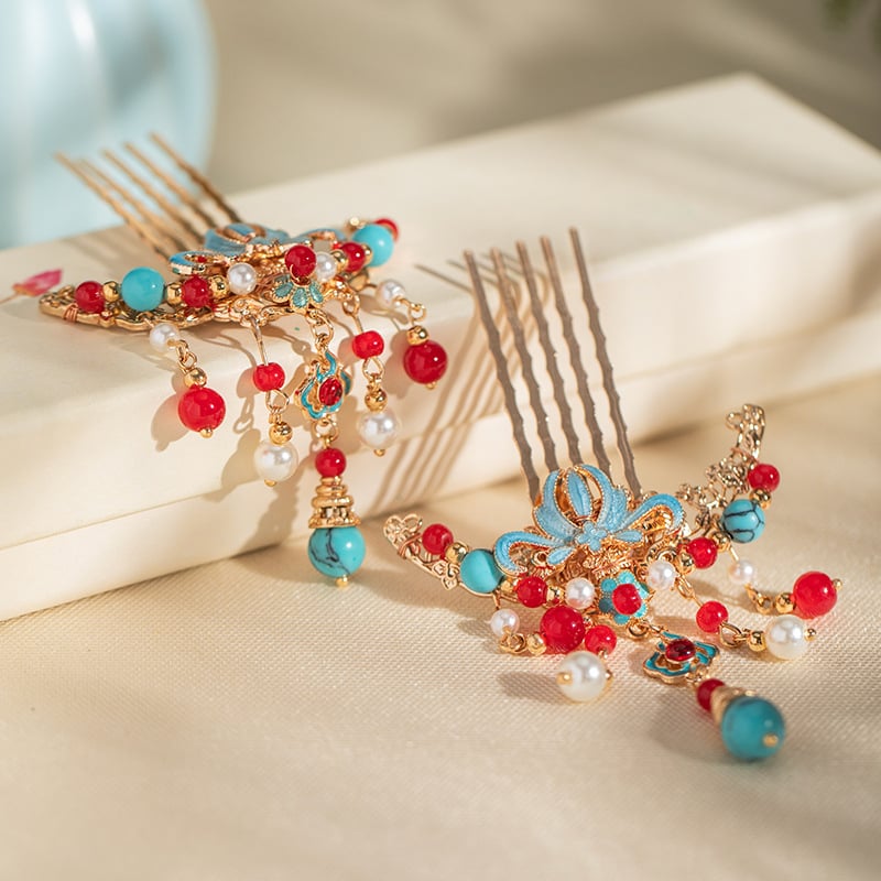 Pieptene de păr cu ciucuri în stil Tang, accesorii de păr retro, formă de picătură, materiale mixte, Su eighteen