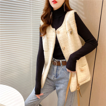 Безръкав кардиган жилет, плетен модел, кръгло деколте, смес полиестер и вискоза, едноцветен, средна дължина