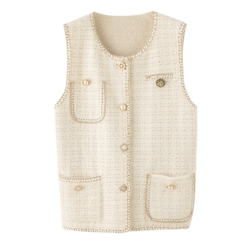 Безръкав кардиган жилет, плетен модел, кръгло деколте, смес полиестер и вискоза, едноцветен, средна дължина