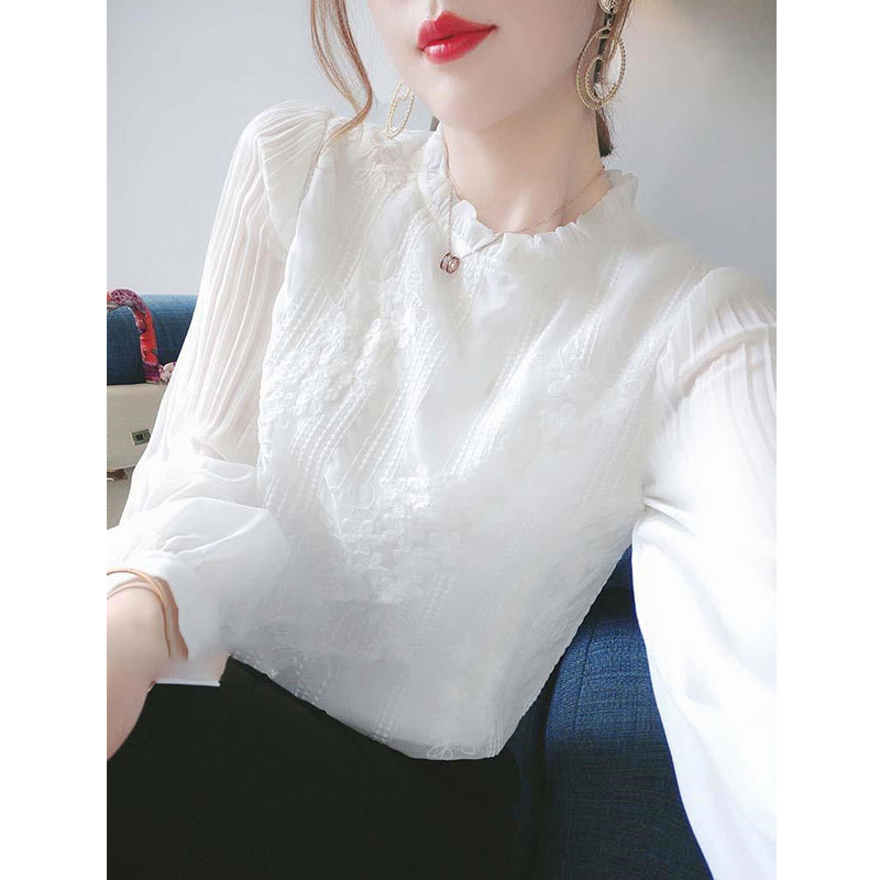 Ženska čipkasta osnovna bluza, šifon, geometrijski uzorak, pulover stil, dugi rukav, okrugli izrez