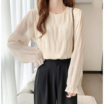 Plisirana chiffon bluza s halter ovratnikom, Feifei rukavi, dugi rukavi, tkanina od akrilnih vlakana, 95%+ glavne tkanine, proljeće 2025, gradski ženski top