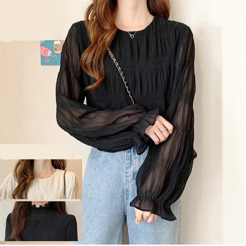 Plisirana chiffon bluza s halter ovratnikom, Feifei rukavi, dugi rukavi, tkanina od akrilnih vlakana, 95%+ glavne tkanine, proljeće 2025, gradski ženski top