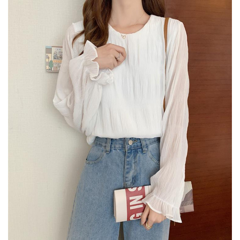 Plisirana chiffon bluza s halter ovratnikom, Feifei rukavi, dugi rukavi, tkanina od akrilnih vlakana, 95%+ glavne tkanine, proljeće 2025, gradski ženski top